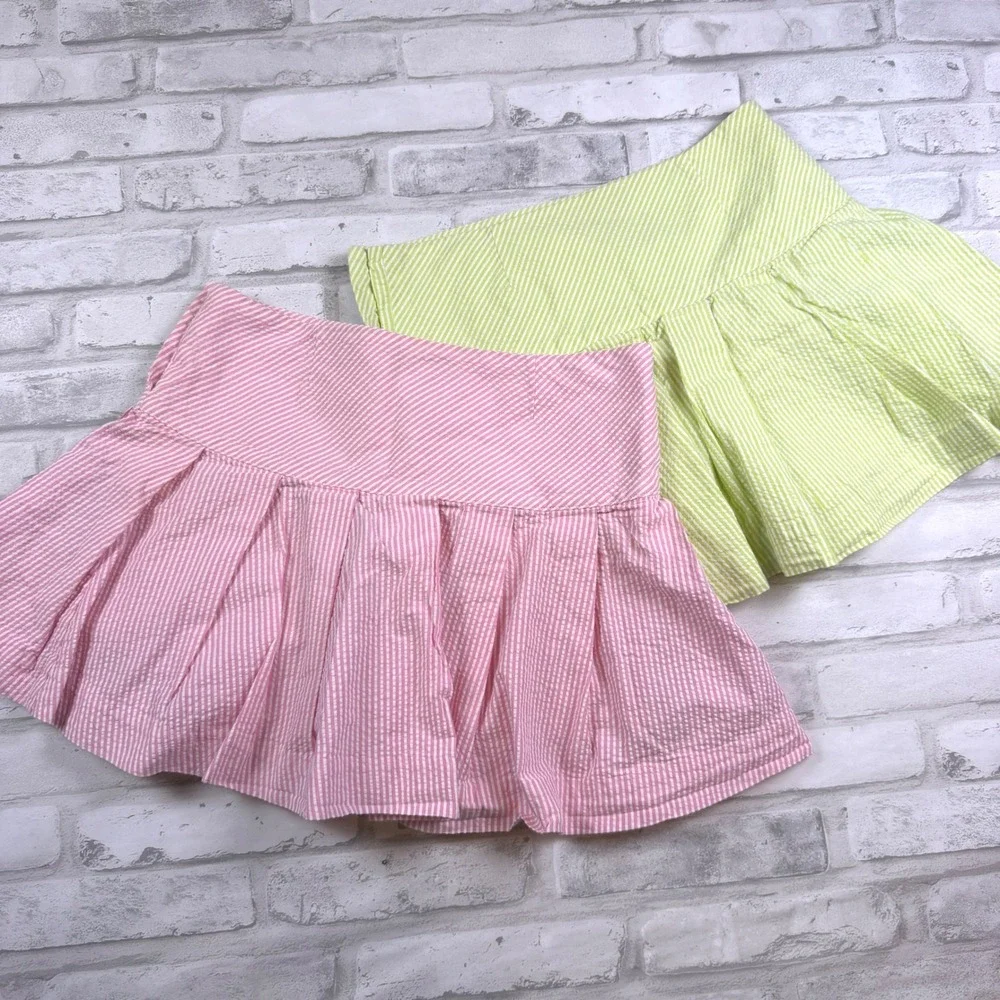 Ralph Lauren Seersucker Skirts Girls 10 Pink Green Striped Pleated Set EUC